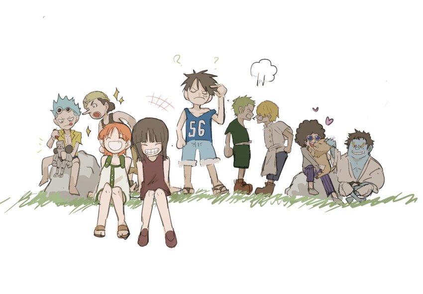+++ 2girls 6+boys ? ^_^ aged_down blonde_hair blue_hair blue_tank_top blunt_bangs brook_(one_piece) closed_eyes dress franky_(one_piece) grass green_hair heart highres jinbe_(one_piece) long_nose monkey_d._luffy multiple_boys multiple_girls n_i_c0 nami_(one_piece) nico_robin one_piece orange_hair profile puff_of_air purple_dress roronoa_zoro sanji_(one_piece) scar scar_on_face sitting smile sparkle straw_hat_pirates tank_top tony_tony_chopper usopp