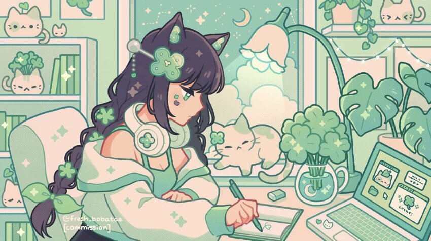 1girl animal_ears black_hair book bookshelf bow braid cat cat_ears cat_girl clover clover_hair_ornament commission computer constellation crescent_moon desk desk_lamp emily_kim fairy_lights four-leaf_clover green_bow green_cat green_cloud green_eyes green_jacket green_shirt green_sky green_theme hair_ornament headphones headphones_around_neck holding holding_pen indoors jacket lamp laptop leaf lofi_girl_(youtube) monstera_deliciosa moon notebook original pen shirt sky sparkle sticker_on_face tank_top twin_braids twitter_username vase white_jacket window