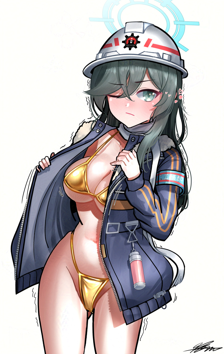 1girl absurdres bikini blue_archive blue_halo blue_jacket breasts closed_mouth commentary_request cowboy_shot fur-trimmed_jacket fur_trim gold_bikini green_eyes green_hair halo hard_hat helmet highres jacket korean_commentary large_breasts long_hair long_sleeves minori_(blue_archive) one_eye_closed open_clothes open_jacket puffy_long_sleeves puffy_sleeves simple_background solharuu solo swimsuit white_background