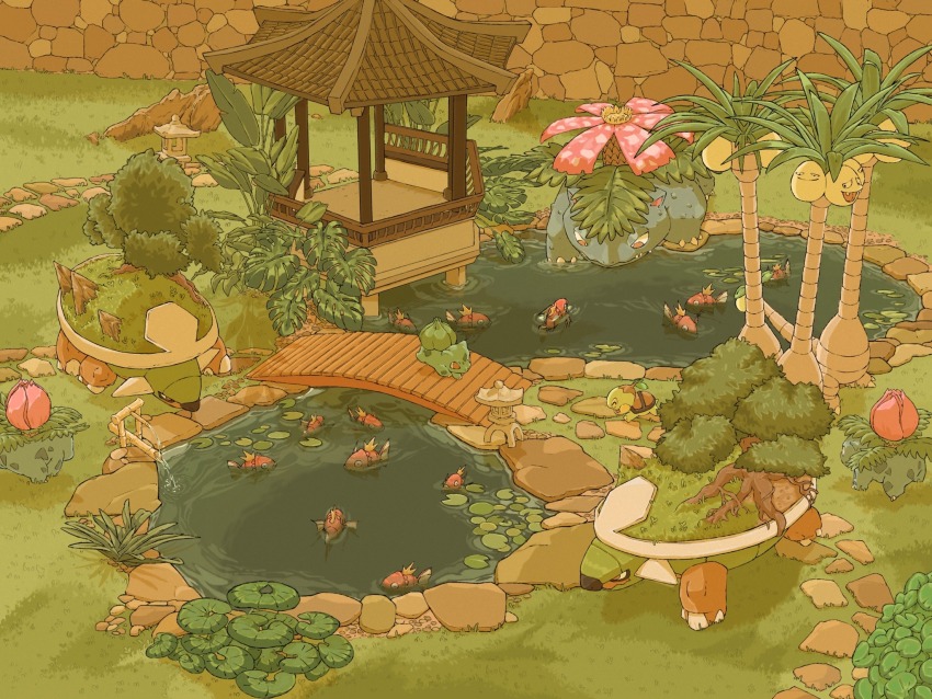 alolan_exeggutor alolan_form animal_focus bridge bulbasaur bush creatures_(company) francesco_di_mauro game_freak garden gen_1_pokemon gen_4_pokemon gen_7_pokemon grass highres ivysaur lily_pad magikarp nintendo no_humans outdoors plant pokemon pokemon_(creature) pond rock shishi_odoshi stone_lantern torterra turtwig venusaur