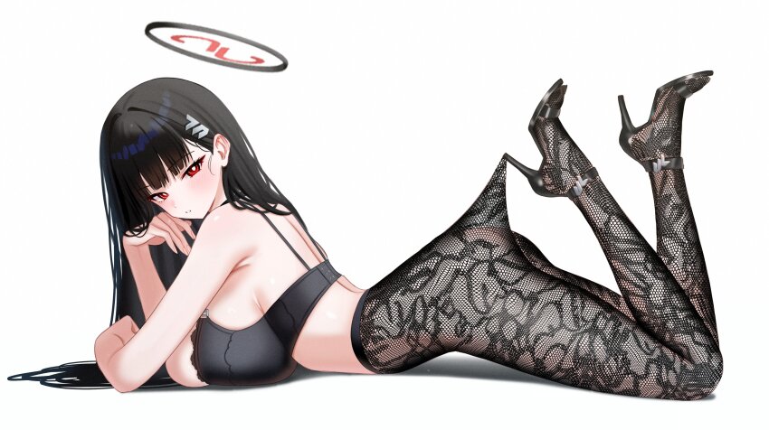1girl absurdres alternate_costume ass black_hair black_halo black_pantyhose black_shoes breasts bright_pupils floral_print_pantyhose from_side hair_ornament hairclip halo high-waist_pantyhose high_heels highres hooked_on_heel lace lace_pantyhose lace_pantyhose_hooked_on_heel_(meme) large_breasts long_hair looking_at_viewer lying meme millennium_science_school_logo mizikayo multicolored_halo on_stomach pantyhose pantyhose_tug red_eyes rio_(blue_archive) shoes simple_background solo strappy_heels the_pose two-tone_halo white_background white_pupils