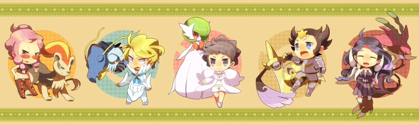 2boys 3girls aegislash armor blonde_hair blue_eyes bob_cut brown_hair clawitzer closed_eyes crop_top diantha_(pokemon) dragalge drasna_(pokemon) dress gardevoir gen_3_pokemon gen_6_pokemon glasses green_hair highres holding holding_shield looking_at_viewer malva_(pokemon) mega_gardevoir mega_pokemon midriff multicolored_fur multiple_boys multiple_girls nintendo pink_eyes pink_hair pokemon pokemon_(creature) pokemon_xy purple_eyes pyroar shield shooting428star siebold_(pokemon) smile sword tinted_eyewear weapon white_dress wikstrom_(pokemon)