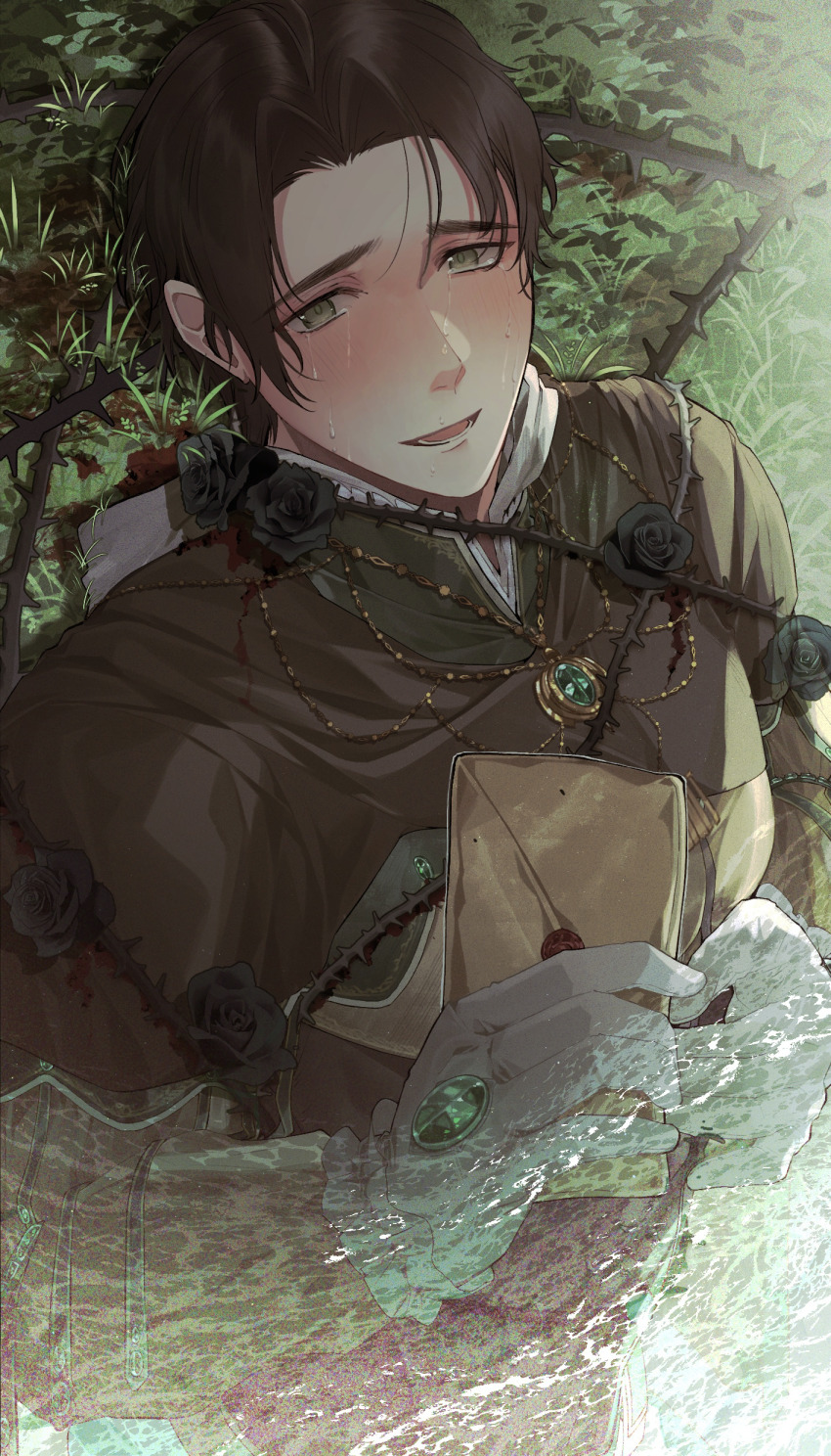 1boy :d absurdres black_flower black_hair black_rose bleeding blood blood_on_clothes blush bound brown_cloak caustics chinese_commentary cloak crying crying_with_eyes_open curtained_hair elden_ring flower frilled_gloves frills gem gloves green_eyes green_gemstone grey_vest hand_jewel highres holding holding_letter hood hood_down jewelry kharu11 leaf letter long_sleeves looking_at_viewer lower_teeth_only lying male_focus necklace on_back on_grass on_ground open_mouth parted_bangs rose shirt short_hair smile solo sorcerer_rogier tears teeth thorns upper_body vest water wax_seal white_gloves yellow_shirt