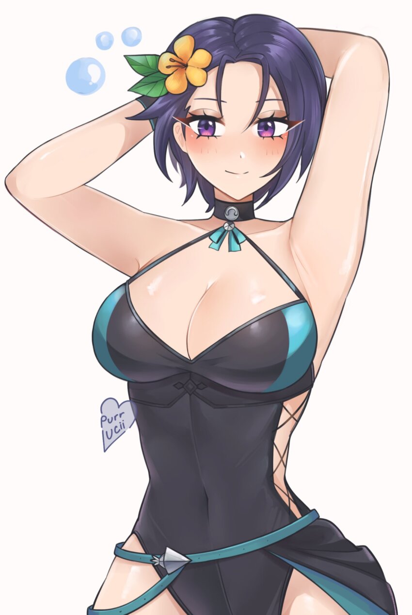 armpits arms_behind_head artist_name black_choker black_one-piece_swimsuit blush breasts bubble choker cleavage closed_mouth clothing_cutout collarbone commentary covered_navel english_commentary fire_emblem fire_emblem:_three_houses fire_emblem_heroes fishnets flower hair_flower hair_ornament highres large_breasts leaf_hair_ornament looking_at_viewer luci_(purrlucii) nintendo official_alternate_costume one-piece_swimsuit purple_eyes purple_hair shamir_nevrand shamir_nevrand_(summer) short_hair side_cutout signature simple_background smile solo standing swimsuit thighs white_background yellow_flower
