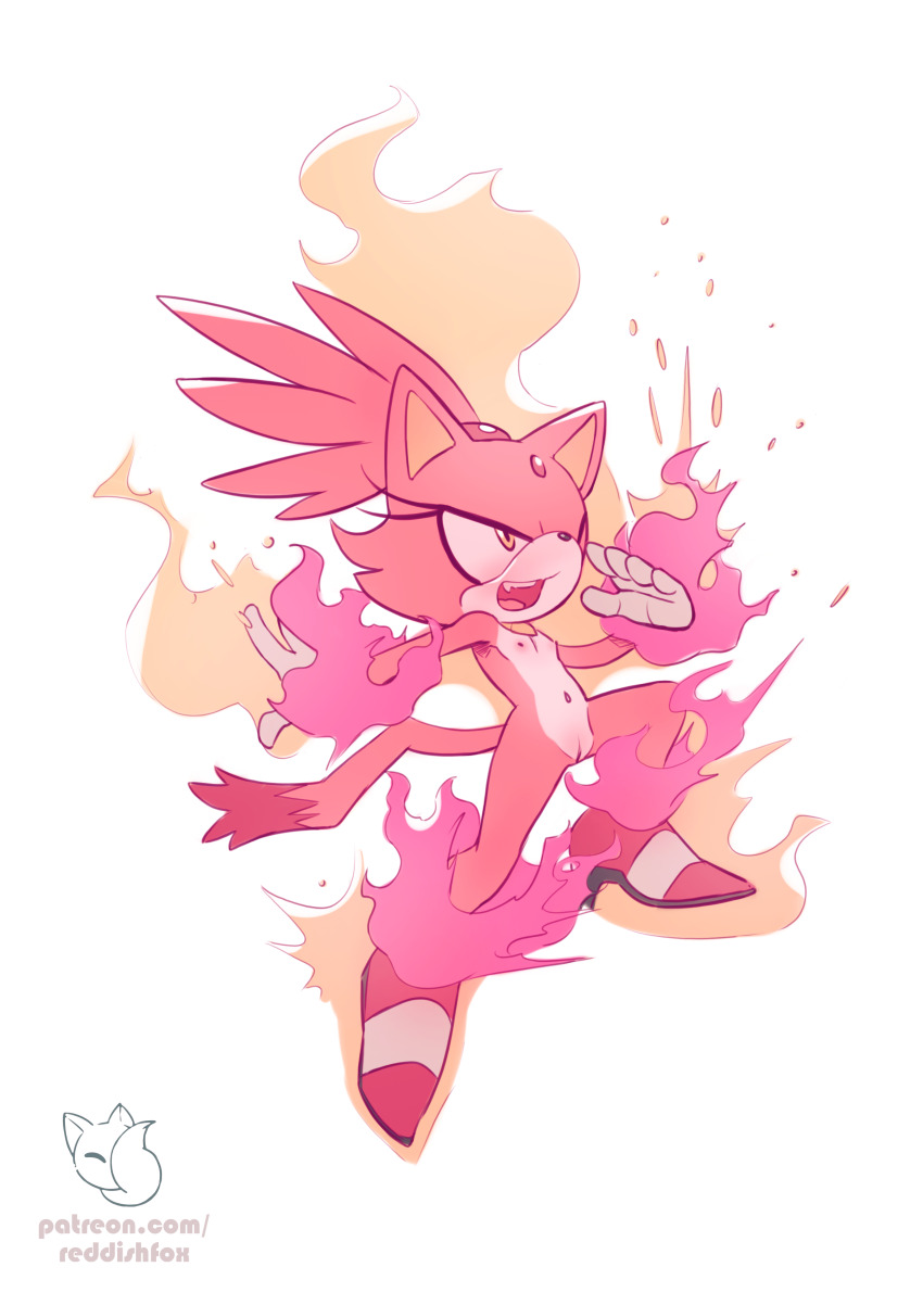 1girl absurdres animal_ears arms_up artist_logo artist_name blaze_the_cat blush body_fur burning_blaze cat_ears cat_girl cat_tail detached_collar fang female_focus fire flat_chest forehead_jewel furry furry_female gem gloves highres legs logo looking_up navel nipples nude open_mouth outstretched_arm patreon_username pink_fur pink_hair pussy pyrokinesis red_gemstone red_shoes reddish_fox shoes short_hair simple_background solo sonic_(series) stomach tail teeth thighs tongue topknot two-tone_fur uncensored v-shaped_eyebrows watermark web_address white_background white_fur white_gloves yellow_eyes