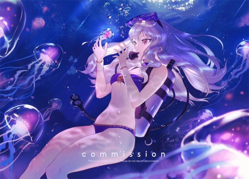 1girl air_bubble alternate_costume artist_name bikini blurry blurry_foreground breasts bubble closed_mouth commission depth_of_field diving_regulator fire_emblem fire_emblem:_three_houses glowing goggles goggles_on_head highres jellyfish light_rays long_hair lysithea_von_ordelia medium_breasts navel nintendo pink_eyes pressure_gauge purple_bikini scuba_gear scuba_tank second-party_source solo sumustard swimsuit twitter_username underboob underwater watermark white_hair
