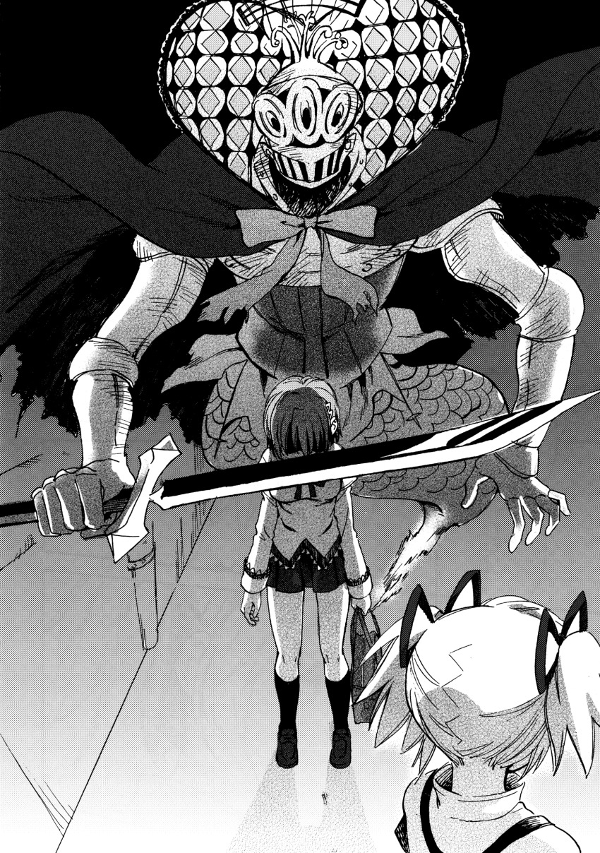 2girls absurdres alley armor bag bow bowtie cape cape_lift collared_shirt from_behind full_armor full_body greyscale hair_ornament hair_ribbon hairclip helm helmet high_collar highres holding holding_bag holding_sword holding_weapon juliet_sleeves kaname_madoka kneehighs knees lace lace-trimmed_shirt lace-trimmed_sleeves lace_trim long_sleeves mahou_shoujo_madoka_magica mahou_shoujo_madoka_magica_(anime) mermaid miki_sayaka miniskirt mitakihara_school_uniform monochrome monster_girl multiple_girls no+bi= oktavia_von_seckendorff pleated_skirt puffy_sleeves ribbon school_bag school_uniform shaded_face shadow shirt shoes short_hair short_twintails skirt socks sword torn_cape torn_clothes twintails upper_body uwabaki weapon witch_(madoka_magica)