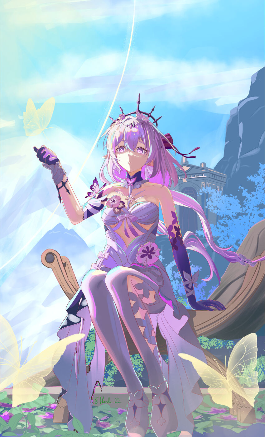1girl absurdres asymmetrical_gloves bare_shoulders black_tiara blue_sky bright_pupils bug butterfly castorice_(honkai:_star_rail) cloud dress elbow_gloves floating_hair gloves hair_between_eyes hand_up highres honkai:_star_rail honkai_(series) horik_22 insect long_hair pantyhose parted_lips pointy_ears purple_butterfly purple_eyes purple_gloves purple_hair sitting sky solo tiara uneven_gloves white_dress white_pantyhose white_pupils