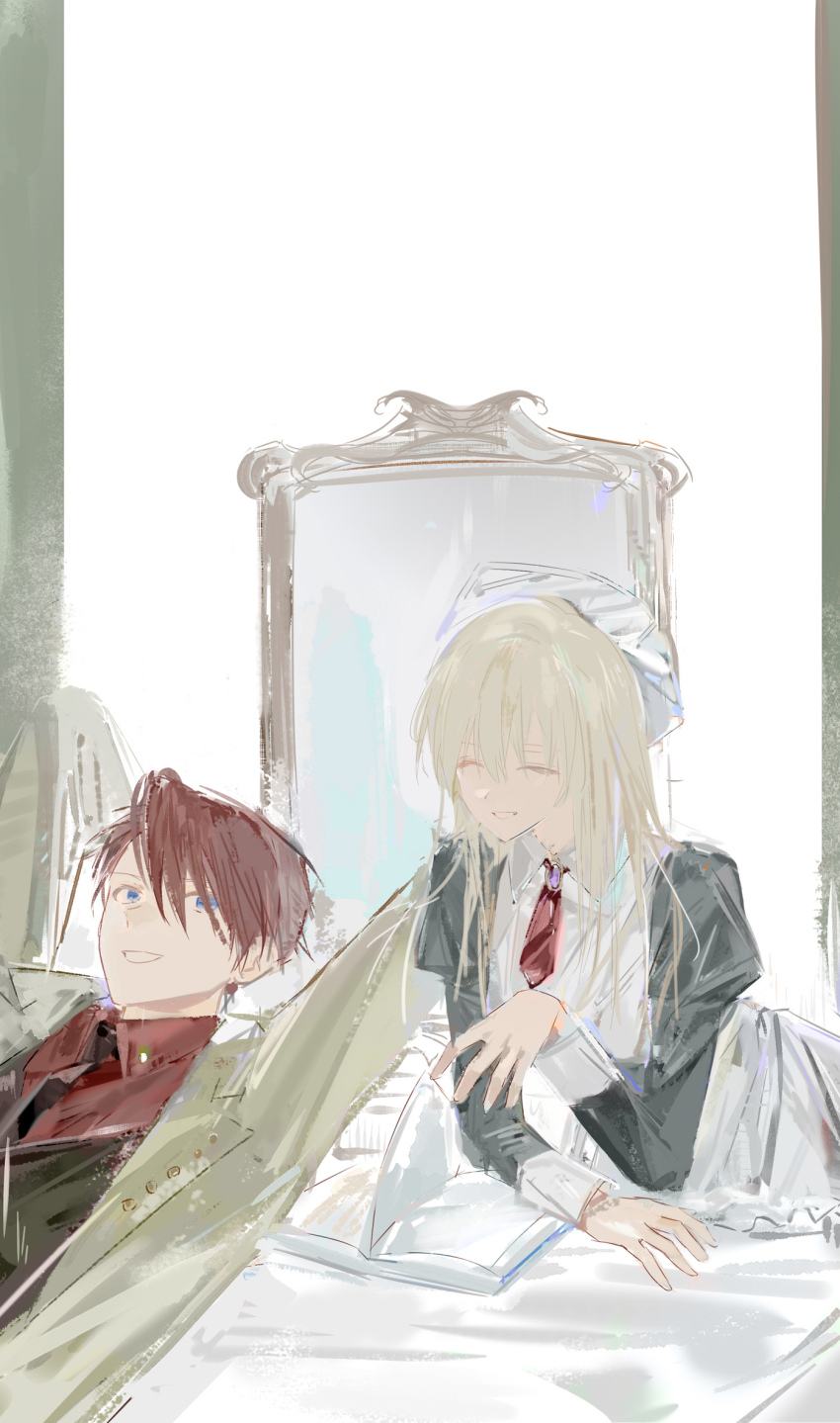 blonde_hair blue_brooch blue_eyes book closed_eyes hat highres lying maid maouasuka mirror necktie open_mouth red_hair red_necktie simple_background smile turning_page umineko_no_naku_koro_ni ushiromiya_battler yasu_(umineko)