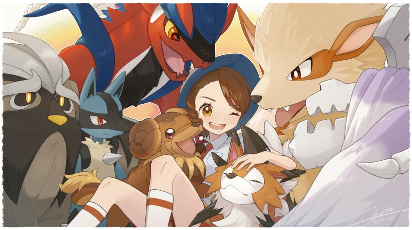 1girl ;d arcanine blue_headwear braid breast_pocket brown_eyes brown_hair collared_shirt commentary_request dachsbun eyelashes gen_1_pokemon gen_4_pokemon gen_7_pokemon hat headpat highres houndstone juliana_(pokemon) knees koraidon looking_down lucario lycanroc lycanroc_(midday) mabosstiff miu_(miuuu_721) necktie nintendo one_eye_closed open_mouth orange_necktie orange_shorts pocket pokemon pokemon_(creature) pokemon_sv shirt shorts sitting smile socks teeth white_shirt white_socks