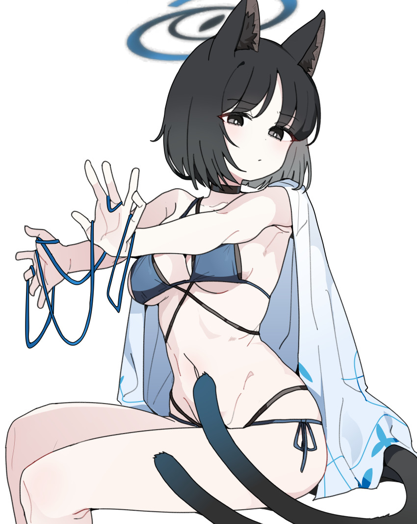 absurdres animal_ears bakeneko bikini black_eyes black_hair black_tail blue_archive blue_bikini blue_halo blue_haori blue_tail cat_ears cat_girl cat_tail colored_inner_animal_ears criss-cross_halter criss-cross_straps extra_ears gradient_tail halo halterneck haori highres japanese_clothes kikyou_(blue_archive) kikyou_(swimsuit)_(blue_archive) layered_bikini multi-strapped_bikini_bottom multiple_tails official_alternate_costume pearlgang_e short_hair swimsuit tail two_tails white_haori