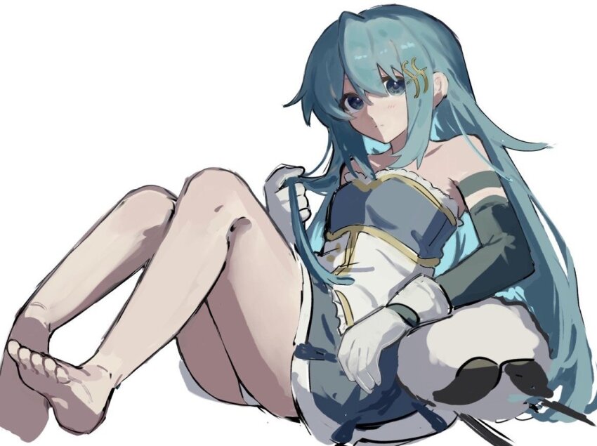 1girl alternate_hair_length alternate_hairstyle barefoot blue_hair blue_skirt detached_sleeves expressionless fortissimo gloves hair_ornament knees_up long_hair looking_at_viewer magical_girl mahou_shoujo_madoka_magica mahou_shoujo_madoka_magica_(anime) miki_sayaka miki_sayaka_(magical_girl) mmmmtooooo musical_note musical_note_hair_ornament no_legwear simple_background sitting sketch skirt soles solo white_background white_gloves