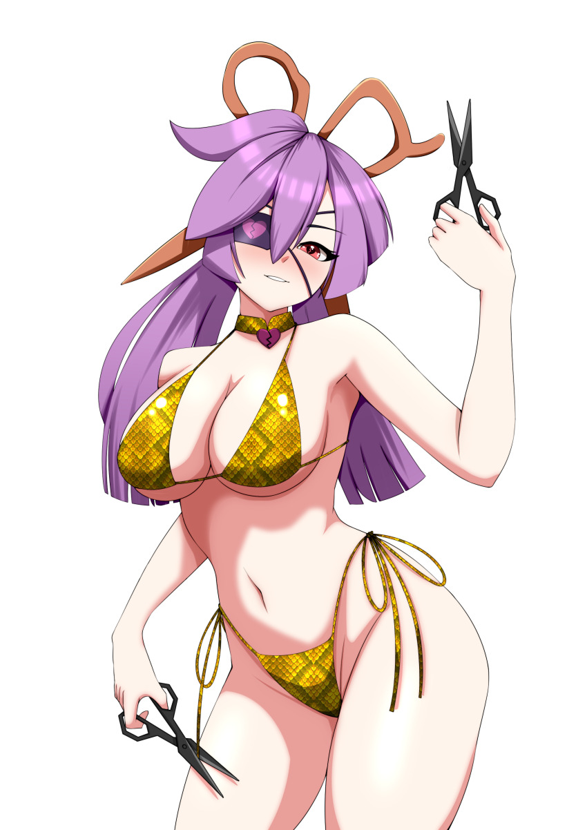1girl absurdres alternate_costume bikini blush breasts broken_heart_print choker commission commissioner_upload eyepatch hair_between_eyes heart heart-shaped_pupils heart_choker highres kaln0ir large_breasts long_hair mercy_modiste navel purple_hair scissors scissors_hair_ornament smile snake_print solo swimsuit symbol-shaped_pupils vallure virtual_youtuber