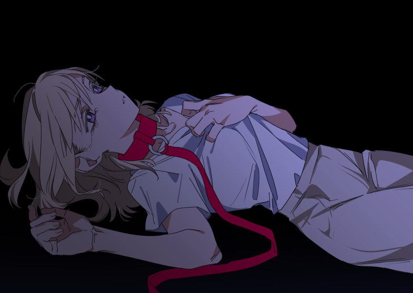 1girl bang_dream! bang_dream!_it&#039;s_mygo!!!!! black_background blonde_hair brown_skirt clutching_chest commentary_request highres leash lying medium_hair misumi_uika molu_stranger on_back open_mouth purple_eyes shirt short_sleeves simple_background skirt solo white_shirt