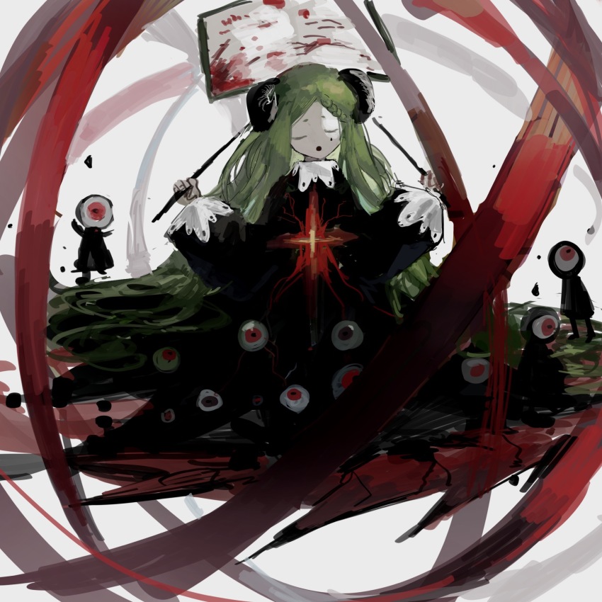 1girl black_dress black_horns blood braid braided_bangs chinese_commentary closed_eyes commentary_request dress green_hair highres holding holding_wand horns long_hair long_sleeves mole mole_under_eye open_mouth original parted_bangs solo very_long_hair vihua6 wand