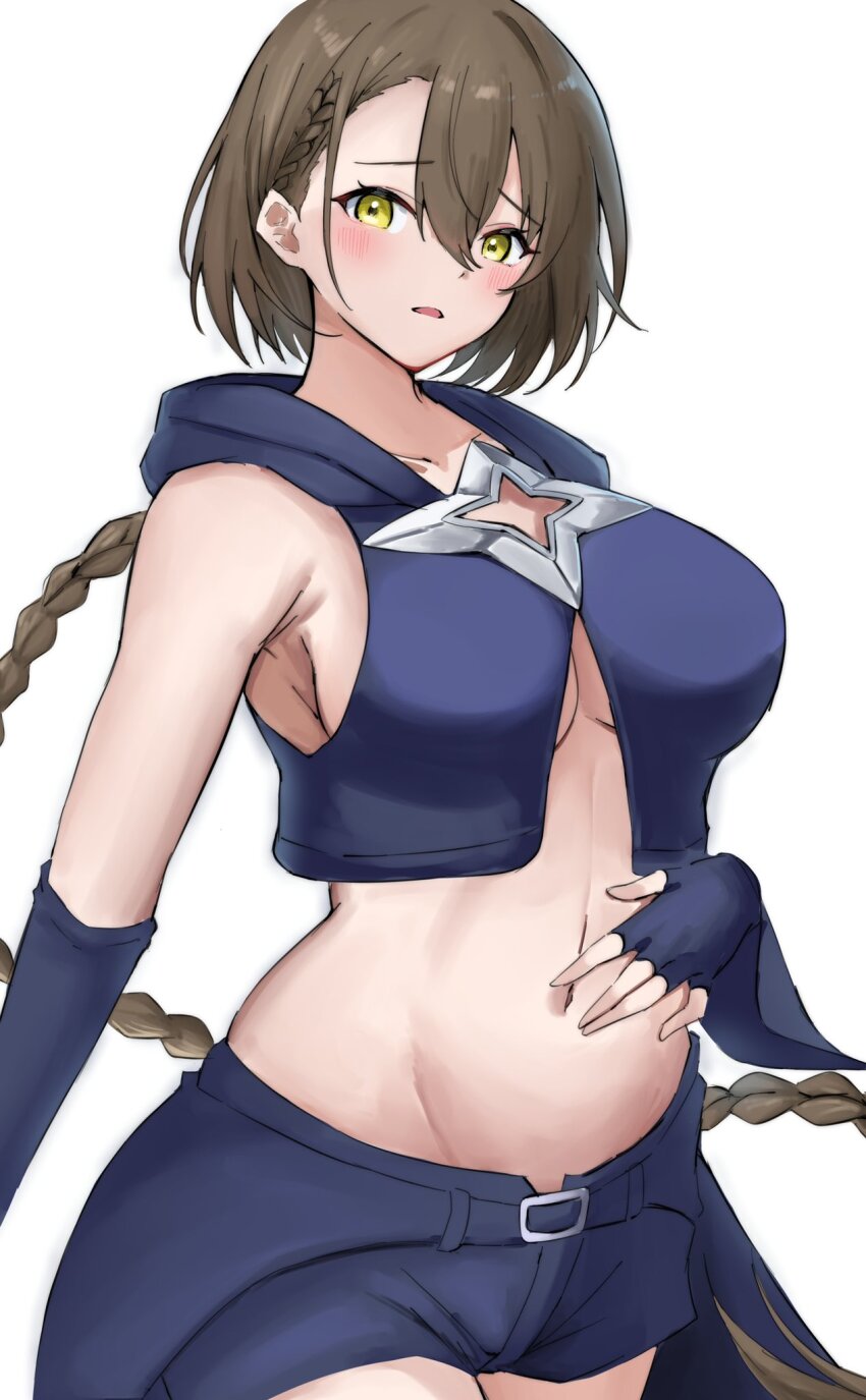 1girl alternate_costume alternate_hairstyle azur_lane baltimore_(azur_lane) bare_shoulders black_gloves black_shirt black_shorts blush braid braided_ponytail breasts brown_hair cosplay cropped_shirt detached_sleeves elbow_gloves embarrassed gloves hair_between_eyes hand_on_own_stomach highres hooded_shirt kurosaki_mea kurosaki_mea_(cosplay) long_hair medium_breasts micro_shorts midriff navel nervous no_bra shirt shorts single_braid solo soul_(dp11) standing stomach to_love-ru to_love-ru_darkness underboob very_long_hair yellow_eyes