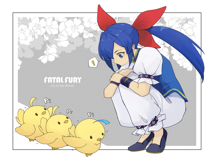 ! 1girl bird blue_eyes blue_hair blue_shoes chinese_clothes duck duckling fatal_fury fatal_fury:_city_of_the_wolves floral_background full_body futaba_hotaru hair_ribbon hashtag-only_commentary looking_down motoiwork pants puffy_short_sleeves puffy_sleeves red_ribbon ribbon shoes short_sleeves snk squatting twintails white_pants wristband