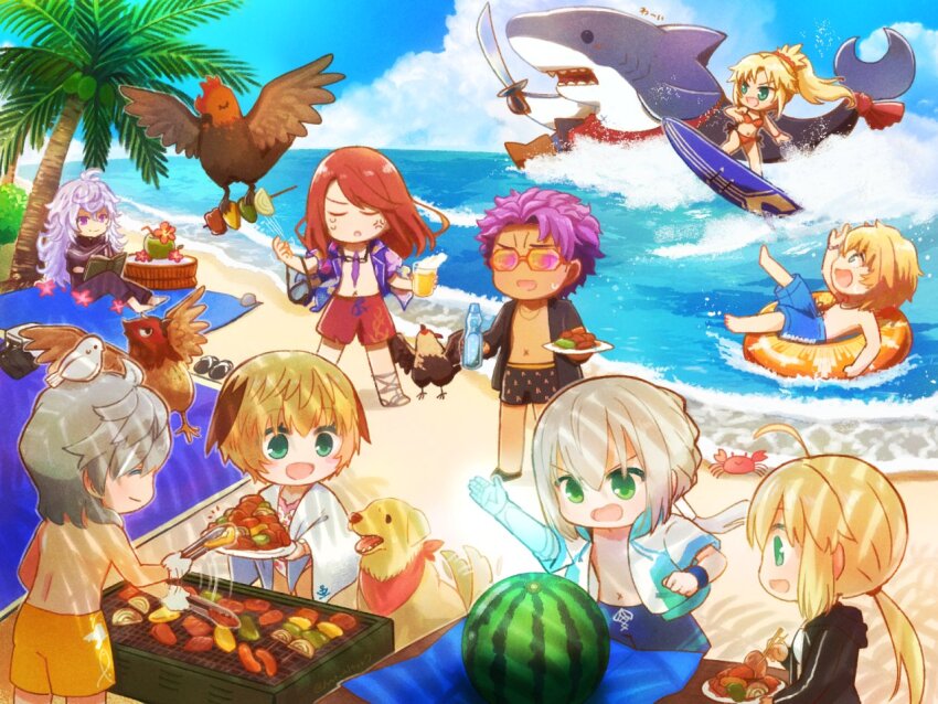 3girls 6+boys alcohol anger_vein artoria_pendragon_(fate) artoria_pendragon_(swimsuit_archer)_(fate) bedivere_(fate) bedivere_(servant_summer_festival!_2018_swimsuit)_(fate) beer beer_mug bird blonde_hair chibi chicken cooking crab cup dog fate/grand_order fate_(series) food fruit gareth_(fate) gareth_(swimsuit_saber)_(fate) gawain_(fate) gawain_(scion_of_summer)_(fate) glowing_arm grey_hair grill grilling hmr_alter7 innertube lancelot_(fate/grand_order) lancelot_(strongest_knight_of_summer)_(fate) male_swimwear merlin_(camelot_&amp;_co)_(fate) merlin_(fate) mordred_(fate) mordred_(swimsuit_rider)_(fate) mordred_(swimsuit_rider)_(first_ascension)_(fate) mug multiple_boys multiple_girls percival_(granblue_fantasy) purple_hair ramune red_hair rooster shark_soldier skewer suikawari sunglasses surfboard surfing swim_ring swim_trunks tristan_(chicken_of_luluhawa)_(fate) tristan_(fate) watermelon
