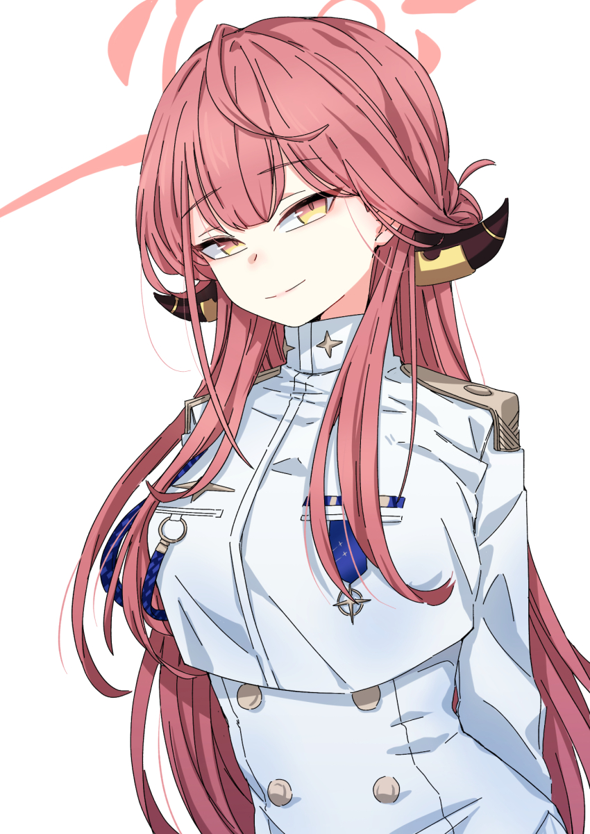 1girl aiguillette arms_behind_back aru_(blue_archive) blue_archive brown_horns buttons closed_mouth collared_dress commission demon_horns double-breasted dress epaulettes halo highres horn_ornament horns jacket light_smile long_hair long_sleeves looking_at_viewer low-tied_long_hair medal military military_jacket military_uniform official_alternate_costume pencil_dress pink_hair pink_halo pixiv_commission simple_background sin_seishun utnapishtim_operator_uniform_(blue_archive) white_background white_dress white_jacket yellow_eyes