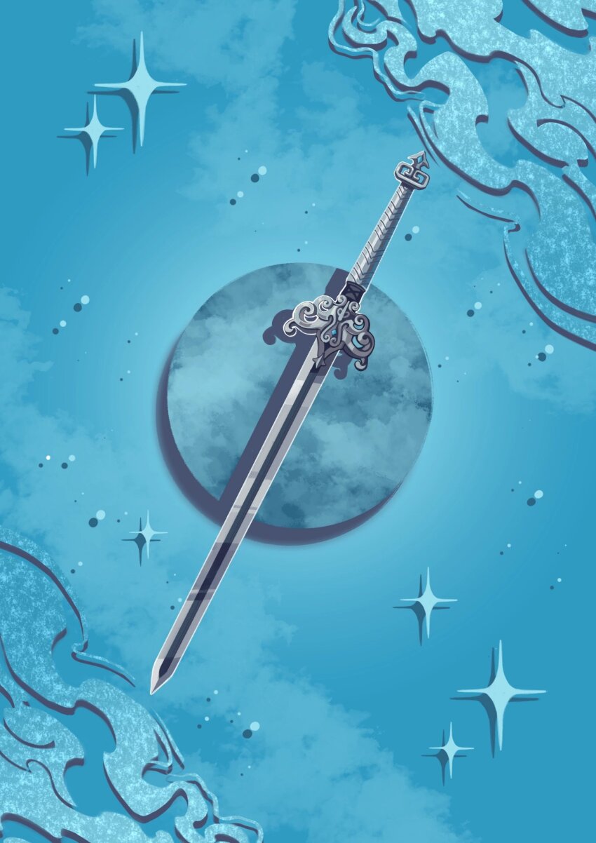 abstract_background blue_background blue_gemstone blue_theme card_(medium) cloud colored_smoke commentary english_commentary gem highres long_sword monochrome mu_qing_(tianguan_cifu) no_humans object_focus outline shadow silver_trim sky smoke sparkle sword tianguan_cifu verbartt weapon white_outline