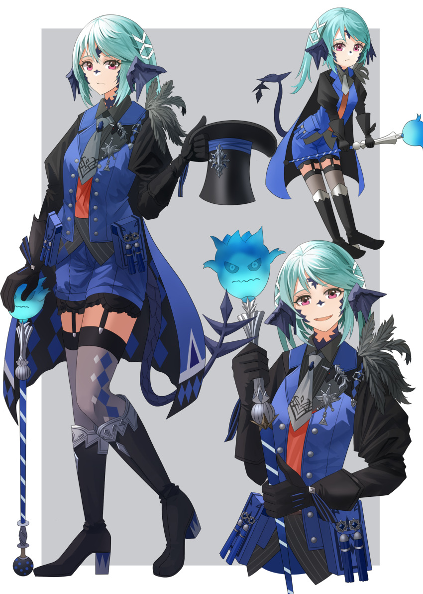 1girl au_ra belt_bag black_footwear black_headwear black_shirt blue_hair blue_jacket blue_mage_(final_fantasy) blue_shorts bomb_(final_fantasy) boots chibi closed_mouth cropped_torso dragon_horns dragon_tail final_fantasy final_fantasy_xiv flat_chest full_body garter_belt grey_necktie grey_thighhighs hat highres holding holding_staff horns jacket knee_boots mage_staff medium_hair multiple_views necktie ojiki open_mouth pink_eyes platform_boots platform_footwear scales shirt shorts simple_background sleeveless sleeveless_jacket smile staff tail thighhighs top_hat warrior_of_light_(ff14)