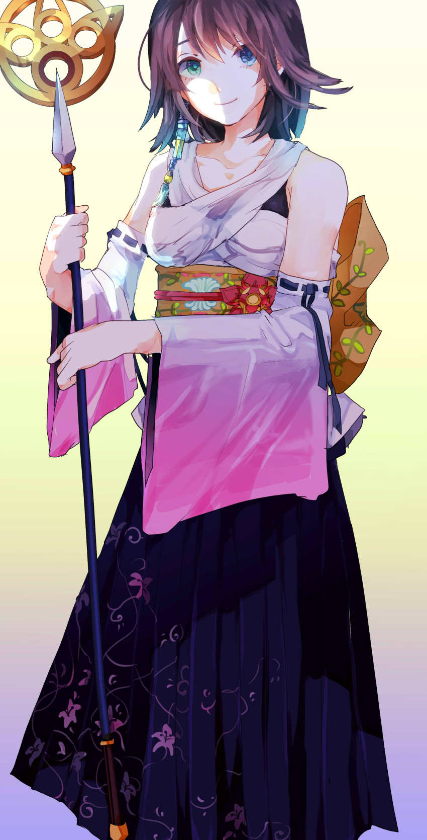 00s 1girl absurdres asukichi asukichi_(h-asumint) brown_hair detached_sleeves female_focus final_fantasy final_fantasy_x hakama hakama_skirt heterochromia highres japanese_clothes jewelry necklace short_hair skirt solo staff weapon yuna yuna_(ff10)