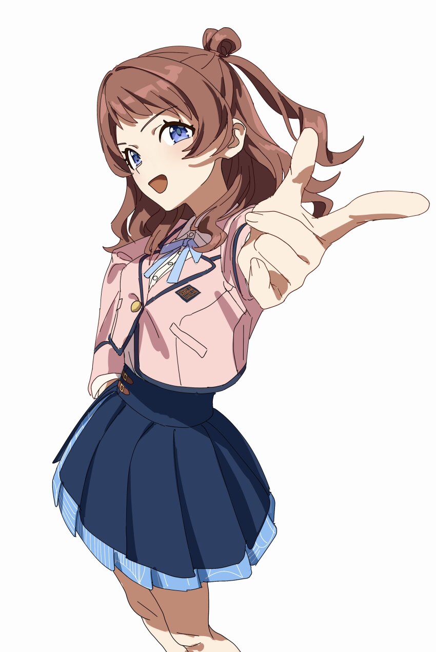 1girl absurdres blue_eyes blue_skirt bow bowtie brown_hair collared_shirt cropped_jacket feet_out_of_frame gakuen_idolmaster hair_rings hanami_saki hand_on_own_hip highres idolmaster jacket long_sleeves medium_hair open_mouth outstretched_arm pink_jacket pointing pointing_at_viewer reaching reaching_towards_viewer shirt shirt_tucked_in sim skirt smile solo standing white_background white_shirt wqdofjpeqs63235