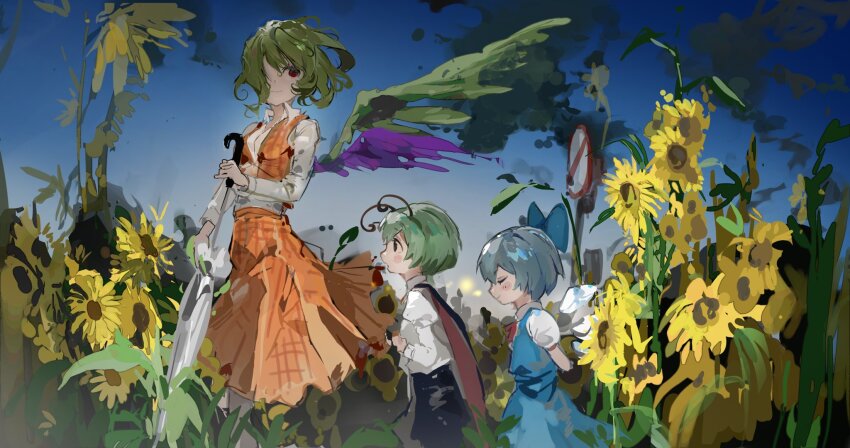 3girls antennae black_cape black_pants blue_bow blue_dress blue_eyes blue_hair blue_sky blush bow breasts cape cirno cleavage closed_eyes closed_umbrella detached_wings dress fairy field flower flower_field following green_eyes green_hair green_wings hair_bow highres ice ice_wings kazami_yuuka long_sleeves multicolored_wings multiple_girls open_clothes open_mouth open_vest outdoors pants parasol pinafore_dress plaid_clothes plaid_skirt plaid_vest plant puffy_sleeves purple_wings red_eyes red_vest sesmkun shirt short_hair short_sleeves sign skirt skirt_set sky sleeveless sleeveless_dress smile smoke sunflower sunflower_field touhou two-sided_cape two-sided_fabric umbrella vest white_shirt wings wriggle_nightbug