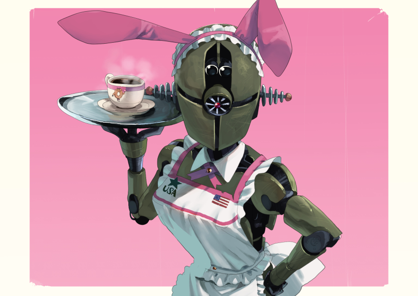 alternate_costume american_flag animal_ears apron assaultron commentary_request cowboy_shot cup enmaided fake_animal_ears fallout frilled_apron frilled_hairband frills fuka_(kantoku) hairband highres holding holding_tray humanoid_robot looking_at_viewer maid no_humans one-eyed pink_background pink_hairband robot saucer tea teacup tray two-tone_background white_apron white_background
