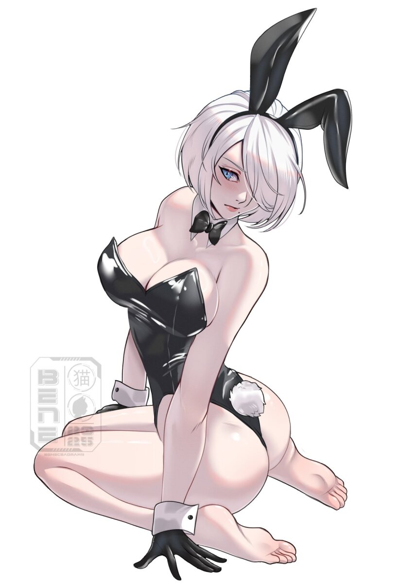 1girl 2b_(nier:automata) animal_ears bare_shoulders barefoot beneceadraws black_bow black_bowtie black_gloves black_leotard blue_eyes bob_cut bow bowtie breasts commentary detached_collar fake_tail gloves hair_over_one_eye highres large_breasts leotard mole mole_under_mouth nier:automata nier_(series) playboy_bunny rabbit_ears rabbit_tail short_hair simple_background sitting solo strapless strapless_leotard swept_bangs tail wariza watermark white_background white_hair wrist_cuffs