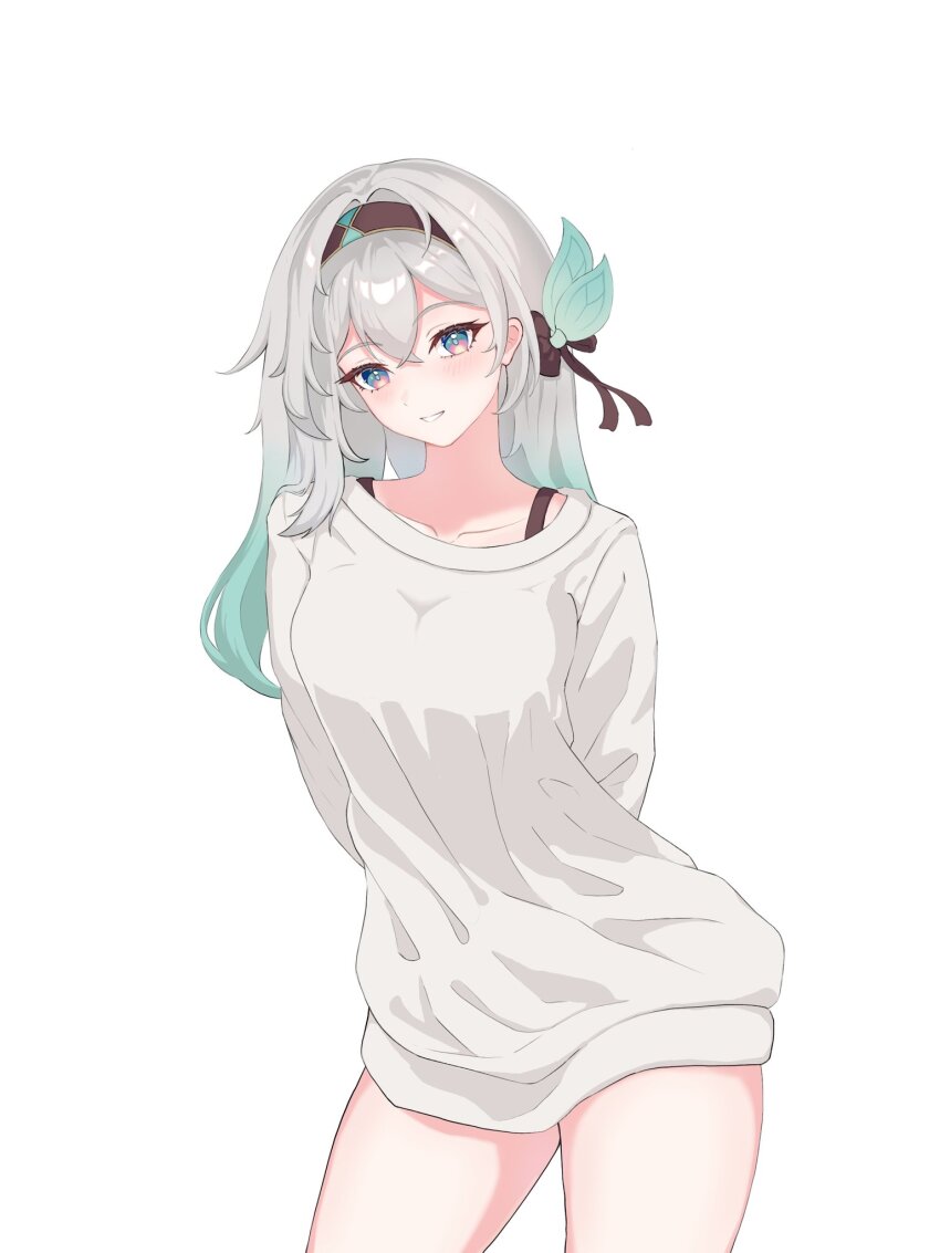 1girl ameyonima black_hairband black_ribbon black_straps collarbone firefly_(honkai:_star_rail) gradient_hair green_pupils grey_hair hair_between_eyes hair_intakes hair_ornament hair_ribbon hairband highres honkai:_star_rail honkai_(series) multicolored_eyes multicolored_hair no_pants ribbon shirt simple_background solo thighs two-tone_eyes white_background white_shirt