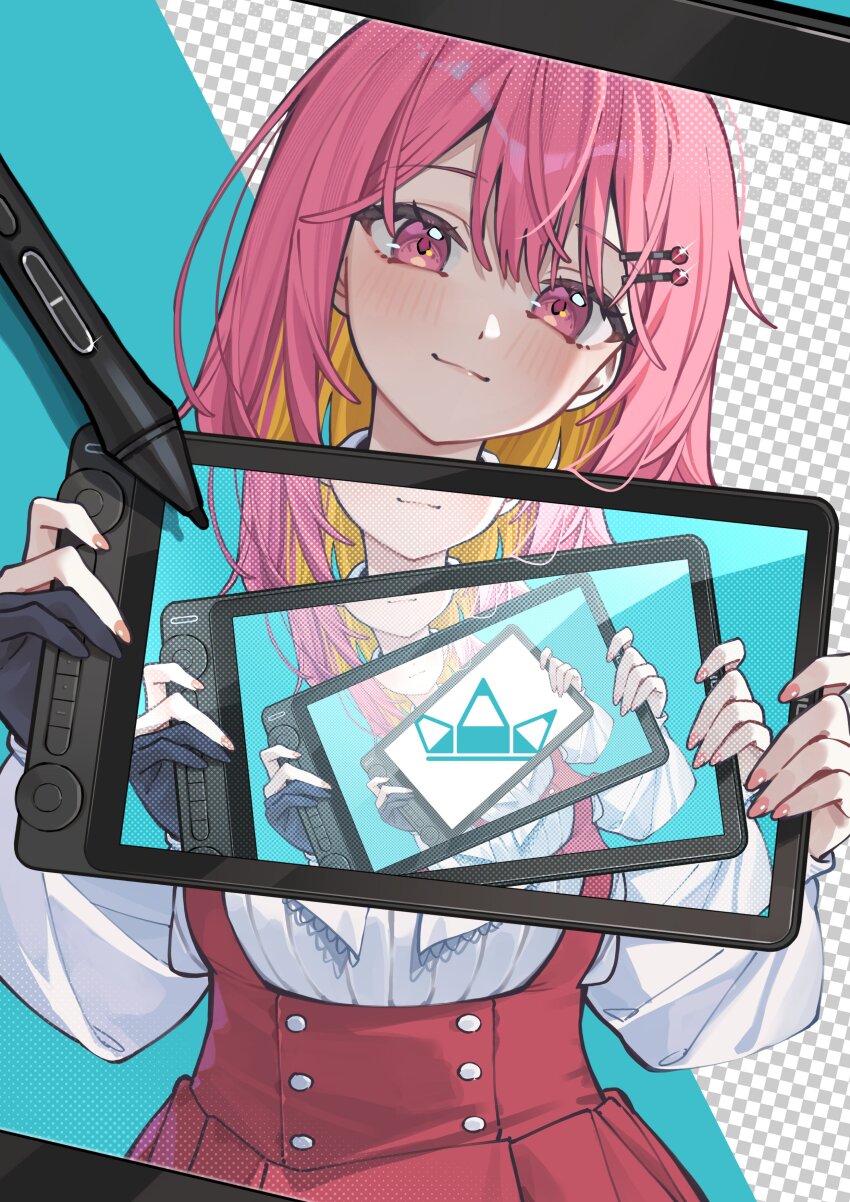 absurdres artist_self-insert black_gloves blush colored_inner_hair commentary drawing_tablet dress fake_transparency gloves hair_ornament hairclip highres holding holding_drawing_tablet huion long_sleeves multicolored_hair nail_polish orange_hair original partially_fingerless_gloves pinafore_dress pink_hair pink_nails red_eyes shirt sleeveless sleeveless_dress stylus tsukino_(nakajimaseiki) white_shirt