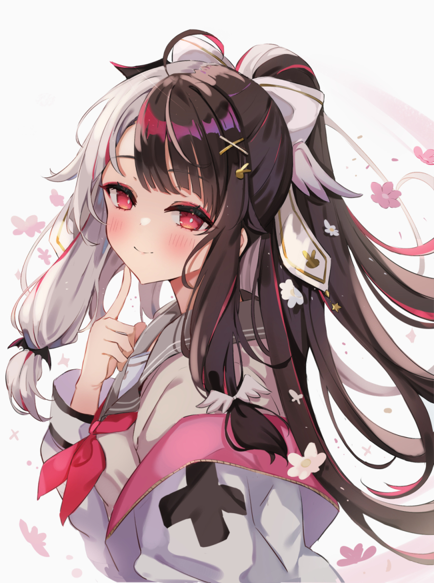 1girl black_hair bow brown_footwear closed_mouth commentary_request finger_to_cheek flower grey_sailor_collar hair_bow hair_ornament hairclip highres jacket long_sleeves looking_at_viewer miakiuehashi multicolored_hair neckerchief nijisanji open_clothes open_jacket pink_flower ponytail red_eyes red_neckerchief sailor_collar sidelocks simple_background smile solo split-color_hair upper_body virtual_youtuber white_background white_bow white_hair white_jacket wing_hair_ornament yorumi_rena yorumi_rena_(9th_costume)