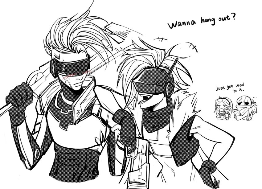 2boys 2girls android armor bald d_(xxl30433461) dark-skinned_male dark_skin drinking ekko_(league_of_legends) english_text greyscale gun highres holding holding_gun holding_sword holding_weapon jinx_(league_of_legends) league_of_legends long_hair lux_(league_of_legends) mask medium_hair monochrome mouth_mask multiple_boys multiple_girls official_alternate_costume over_shoulder power_armor project:_ekko project:_jinx pyke_(league_of_legends) scarf sweat sword teeth tongue tongue_out upper_body weapon weapon_over_shoulder