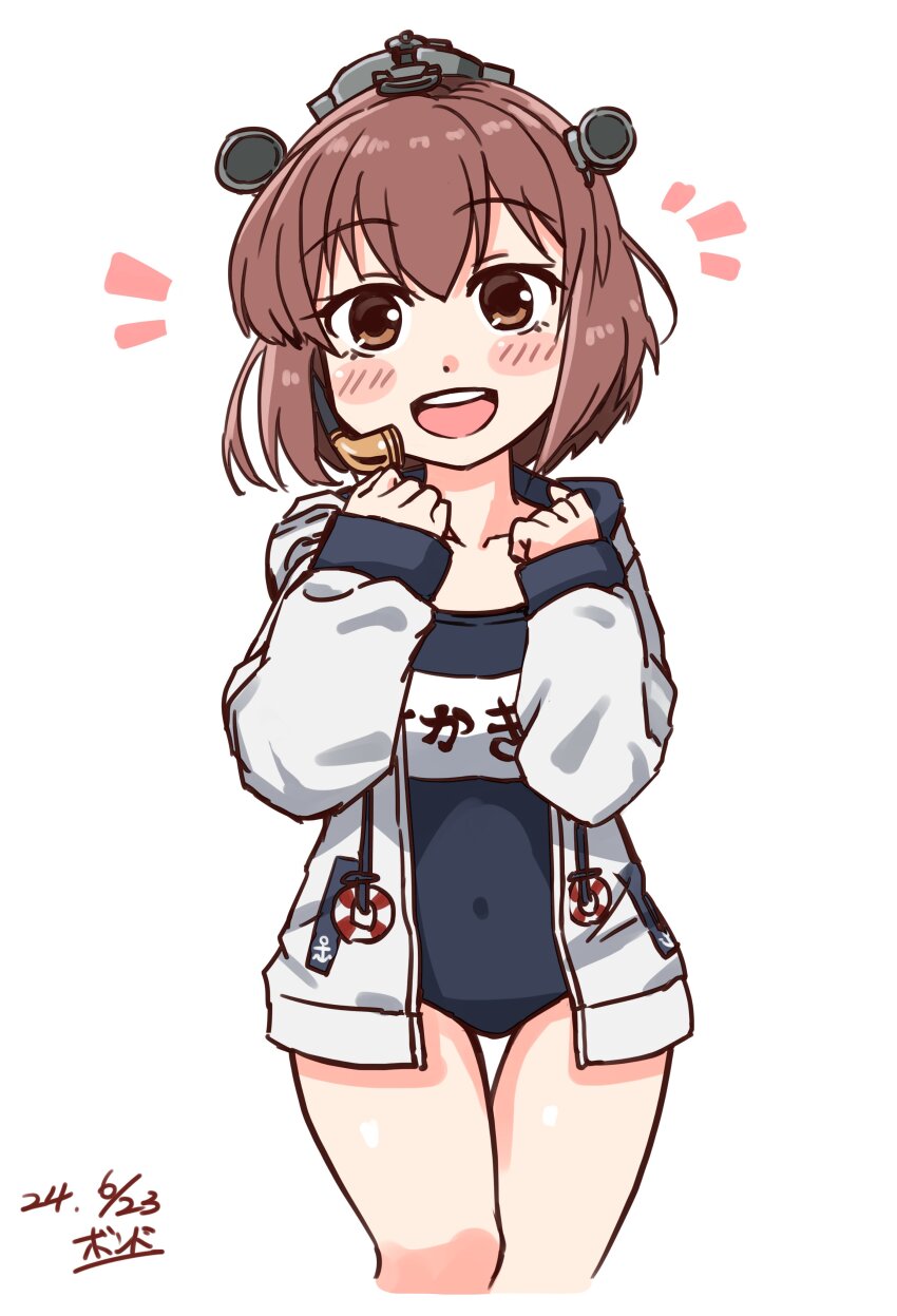 1girl absurdres black_one-piece_swimsuit blush brown_eyes brown_hair dated headgear highres hood hooded_jacket jacket kantai_collection long_sleeves looking_at_viewer name_tag official_alternate_costume old_school_swimsuit one-piece_swimsuit open_mouth school_swimsuit short_hair signature simple_background smile solo speaking_tube_headset swimsuit swimsuit_under_clothes watashitachino_kareshi white_jacket yukikaze_(kancolle) yukikaze_(swimsuit)_(kancolle)
