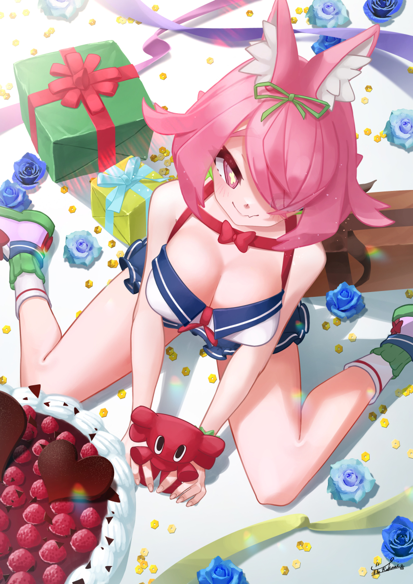 +_+ 1girl absurdres animal_ears azuchi_momo azuchi_momo_(1st_costume) birthday blue_flower blue_rose box breasts cake chest_harness cleavage commentary_request flower food from_above gift gift_box green_ribbon hair_flaps hair_over_one_eye hair_ribbon harness highres large_breasts lobster long_bangs miniskirt nijisanji pink_eyes pink_hair pink_shoes revealing_clothes ribbon rose shoes short_hair sitting skirt smile socks solo stuffed_animal stuffed_toy virtual_youtuber wariza yurakusai