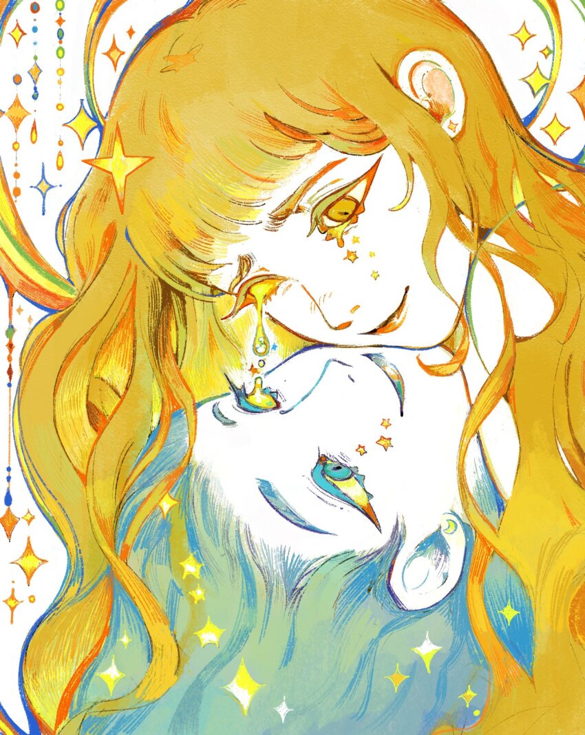 2girls aqua_eyes aqua_hair birdfrogdraws blonde_hair cheek-to-cheek closed_mouth color_contrast colored_eyelashes colored_sclera crescent crescent_earrings dual_persona earrings eye_contact furrowed_brow glowing_tears halo heads_together highres jewelry leaking limited_palette lipstick long_hair looking_at_another makeup multiple_girls original portrait smile solid_eye sparkle sparkle_background star_(symbol) star_earrings star_tears surreal wavy_hair white_background yellow_eyes yellow_sclera