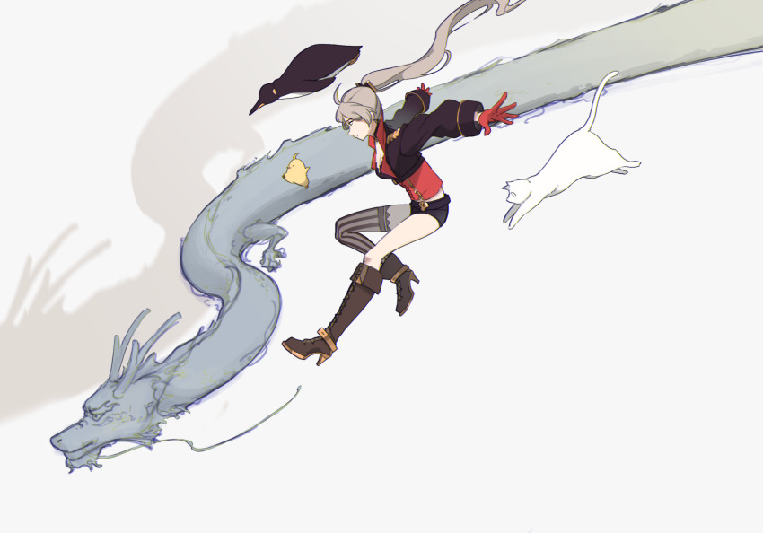 1girl ahoge animal asymmetrical_footwear azur_lane belt bird black_jacket black_shorts boots breasts brown_hair cat cleavage cropped_jacket dragon from_side gloves hat hatski.sin high_ponytail highres jacket jean_bart_(azur_lane) knee_boots long_hair long_sleeves manjuu_(azur_lane) medium_breasts mismatched_footwear outstretched_arms ponytail puffy_sleeves red_gloves shirt short_shorts shorts simple_background single_thighhigh sleeve_cuffs solo striped_clothes striped_thighhighs thighhighs unworn_hat unworn_headwear vertical-striped_clothes vertical-striped_thighhighs very_long_hair