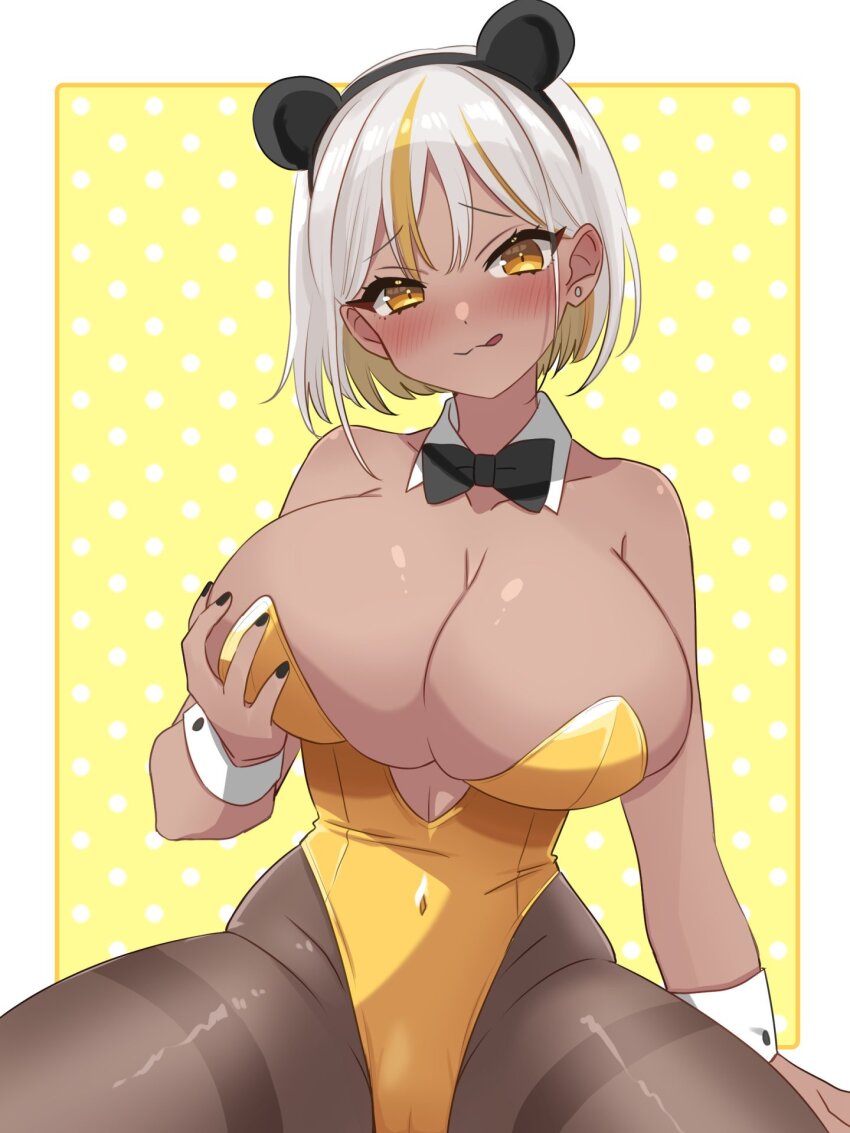 1girl animal_ears bare_shoulders blonde_hair blush bob_cut bow bowtie breasts cameltoe cleavage collar covered_navel cuffs detached_collar earrings fake_animal_ears grabbing_own_breast groin groping hand_on_own_chest headband highres huge_breasts jewelry large_breasts leotard licking_lips looking_at_viewer luvdia multicolored_hair nail_polish panda_ears pantyhose park_dona playboy_bunny short_hair sitting skindentation solo spread_legs streaked_hair tan tongue tongue_out two-tone_hair virtual_youtuber white_hair wrist_cuffs yellow_eyes