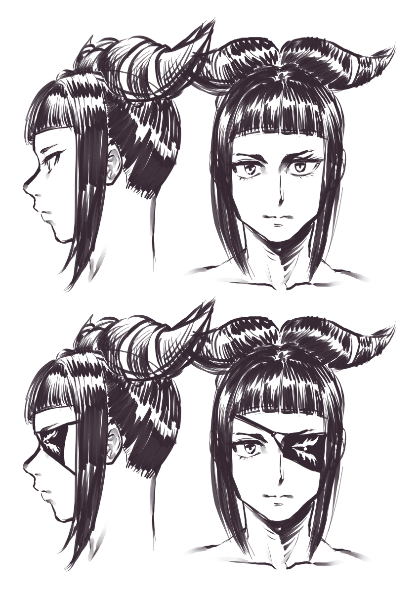 1girl aarokira absurdres black_hair collarbone cropped_shoulders eyepatch han_juri highres https://www.aarokira.com/posters monochrome multiple_views non-web_source portrait sketch solo street_fighter street_fighter_v turnaround white_background