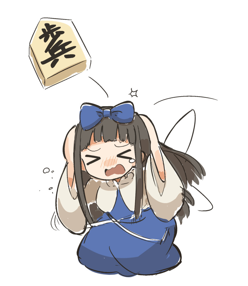 &gt;_&lt; 1girl arms_up blue_dress blunt_bangs blush brown_hair chibi commentary_request d: dress dx fairy_wings furrowed_brow hands_on_own_head highres kneeling kyuukei_usagi long_hair no_nose nose_blush object open_mouth simple_background three-quarter_sleeves solo star_sapphire tears touhou white_background wide_sleeves wings