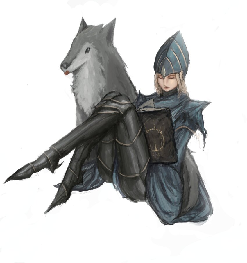 1girl absurdres black_eyes blonde_hair book closed_eyes closed_mouth commentary dark_souls_(series) dark_souls_i darksign_(dark_souls) grey_fur highres lord&#039;s_blade_ciaran open_book satsu-strive simple_background sitting white_background wolf