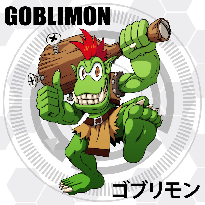 belt circle club_(weapon) d_sandy digimon digimon_(creature) goburimon highres sharp_teeth solo teeth thumbs_up