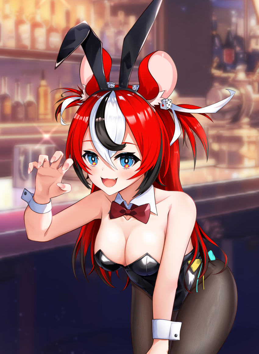 1girl :3 :d absurdres alternate_costume animal_ear_hairband animal_ears bar_(place) black_hair black_leotard black_pantyhose blue_eyes blurry blurry_background bow bowtie breasts bright_pupils claw_pose cleavage colored_tips commentary detached_collar dice_hair_ornament double-parted_bangs english_commentary fake_animal_ears fang fingernails hair_between_eyes hair_ornament hairband hakos_baelz highleg highleg_leotard highres hololive hololive_english indoors large_breasts leaning_forward leotard long_hair looking_at_viewer medium_breasts mouse_ears mouse_girl multicolored_hair open_mouth pantyhose playboy_bunny rabbit_ear_hairband rabbit_ears red_bow red_bowtie red_hair same1029 smile solo strapless strapless_leotard streaked_hair traditional_bowtie virtual_youtuber white_hair white_pupils wrist_cuffs