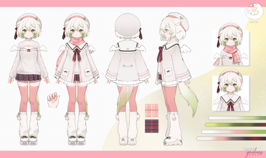 1girl absurdres animal_ear_fluff animal_ears beret braid braided_bangs breasts reference_sheet checkered_clothes checkered_skirt cleavage_cutout clothing_cutout coat ferret_ears ferret_girl ferret_tail gradient_hair green_eyes green_hair green_nails grey_coat grey_sweater hat highres laimu_(vtuber) laimu_(vtuber)_(winter) leg_warmers medium_hair multicolored_hair official_alternate_costume official_art pink_nails pink_scarf pink_thighhighs pleated_skirt pocket scarf sidelocks skirt small_breasts standing sweater thighhighs two-tone_hair vinesauce virtual_youtuber white_footwear white_hair white_hat white_leg_warmers white_sneakers wings yenkoes