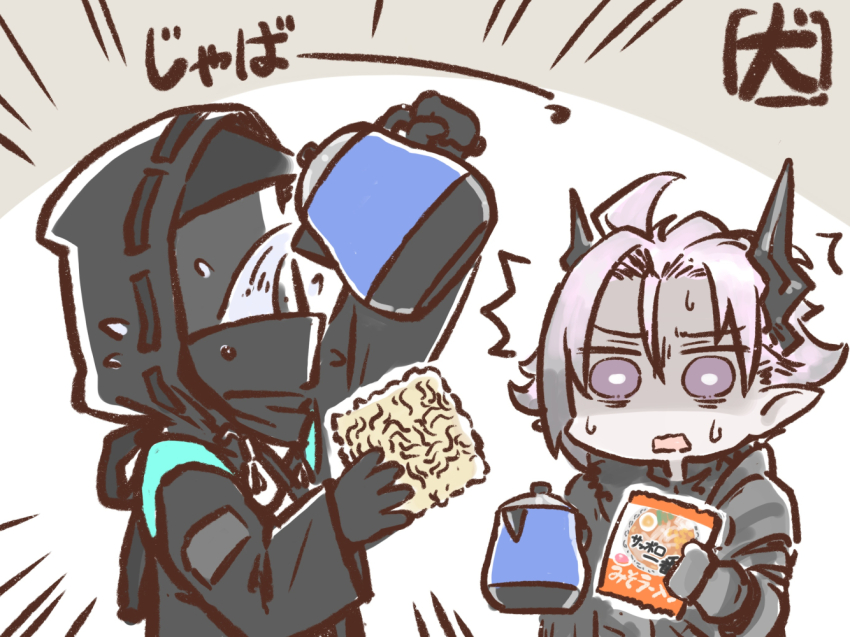 1boy 1other akanotanin13 ambiguous_gender arknights black_coat black_gloves chibi coat doctor_(arknights) food gloves holding holding_food holding_kettle hood hood_up hooded_coat horns instant_noodle_block instant_ramen kettle open_mouth pack_noodles short_hair signature sweatdrop theresis_(arknights)