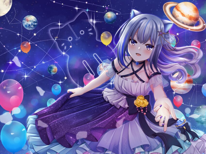 1girl :d animal_ears balloon blue_hair blush breasts colored_inner_hair commentary_request constellation dress earth_(planet) fingernails frilled_dress frills grey_hair hair_ornament highres iriam long_hair looking_at_viewer miria_(iriam) moon multicolored_hair n_rinkoro nail_polish open_mouth outstretched_arm planet purple_eyes purple_nails saturn_(planet) shirasu_(iriam) smile solo star_(symbol) star_hair_ornament starry_sky_print