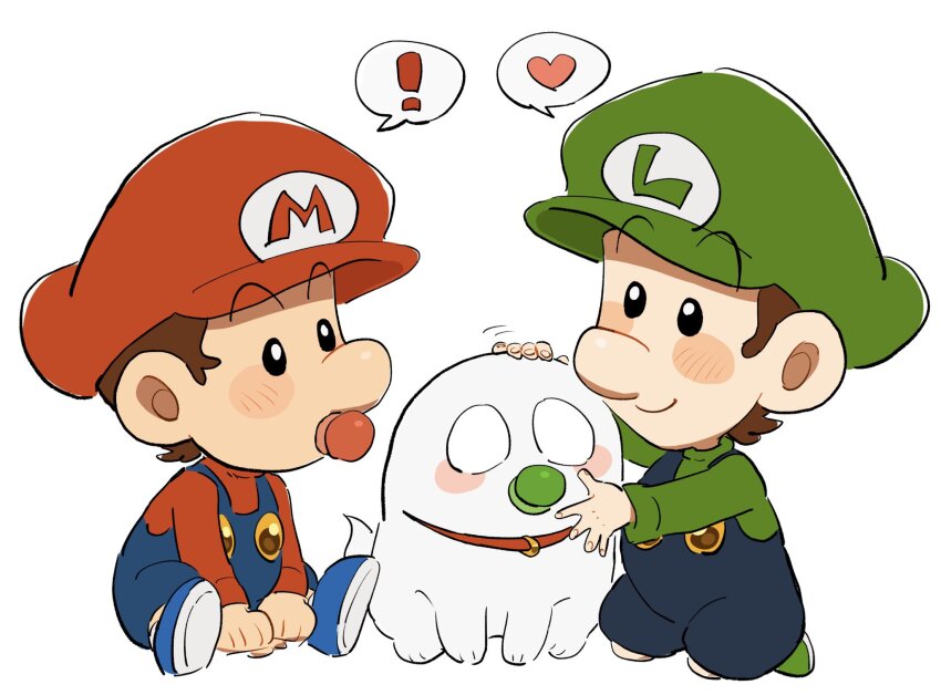 ! baby_luigi baby_mario blue_eyes blue_overalls brown_hair green_shirt hat heart highres luigi luigi&#039;s_mansion luigi&#039;s_mansion:_dark_moon mario mario_(series) mimimi_(mimimim9999) multiple_boys nintendo overalls polterpup red_shirt shirt short_hair speech_bubble