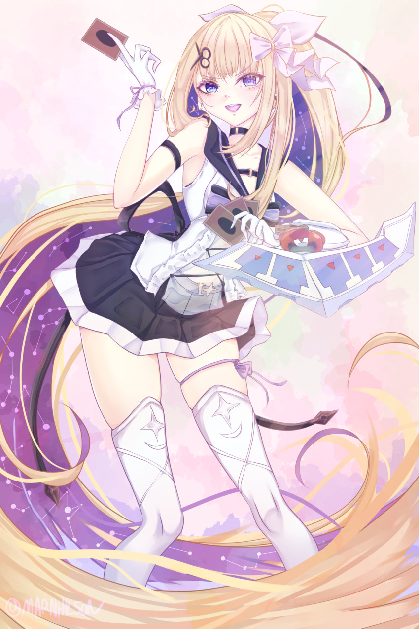 1girl amanogawa_shiina arm_strap black_choker black_sailor_collar black_skirt blonde_hair blue_eyes bow card choker colored_inner_hair constellation_print duel_disk gloves hair_bow hair_ribbon highres holding holding_card leg_ribbon marnhilson miniskirt multicolored_hair open_mouth phase_connect purple_hair purple_ribbon ribbon sailor_collar scissors_hair_ornament skirt sleeveless solo thigh_ribbon thighhighs twitter_username virtual_youtuber white_bow white_gloves white_ribbon white_thighhighs yu-gi-oh!