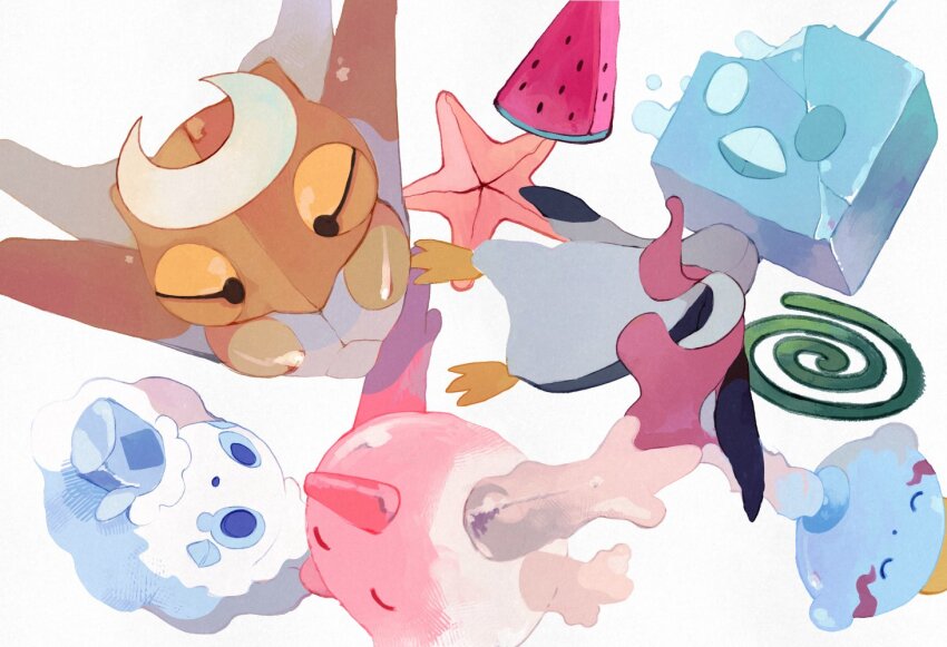 bird bug chimecho closed_eyes coral corsola eiscue eiscue_(ice) food fruit gen_2_pokemon gen_3_pokemon gen_5_pokemon gen_8_pokemon halo ice li04r nintendo no_humans open_mouth pokemon pokemon_(creature) shedinja starfish vanillite watermelon white_background wings
